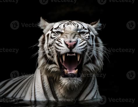 Detailed portrait of a white tiger's face that is roaring and soaking in the water, isolated on ...