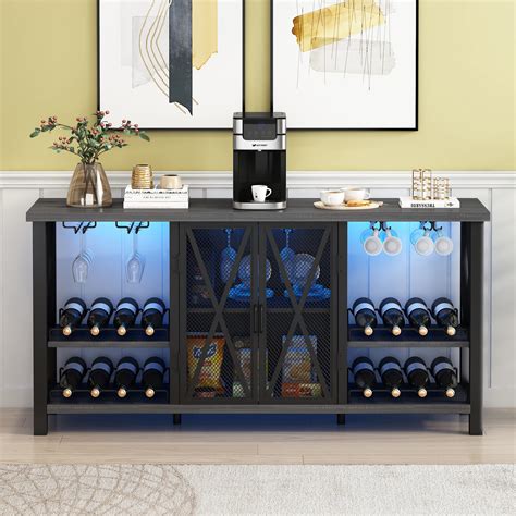 Buy O&K FURNITURE Wine Bar Cabinet for Liquor and Glass with Storage & LED Lights, Rustic Metal ...