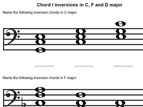 Chords worksheet - Chord I inversions in C, F and D major Bass clef | Teaching Resources