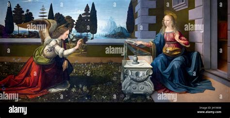 Annunciation, by Leonardo da Vinci, circa 1472, Uffizi Gallery ...