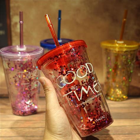 Wholesale 16oz Double wall insert glitter plastic tumbler cup with ...