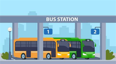 Central bus station. Vector cartoon cityscape with modern city transportation building, buses ...