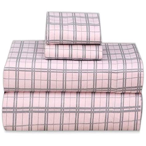 Ruvanti 100% Cotton 4 Piece Flannel Sheets Queen Pink & Grey Plaid Deep Pocket -Warm-Super Soft ...