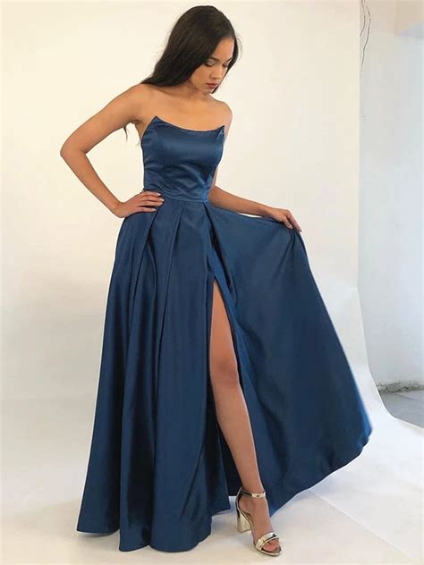 Strapless Navy Blue/Burgundy Prom Dress with Leg Slit, Navy Blue/ Wine – jbydress