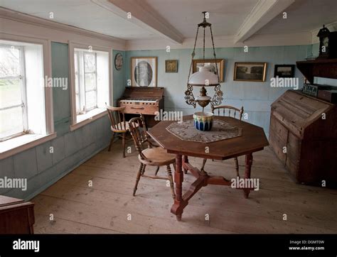 Interior of an old sod house in the museum Skógar, Iceland, Europe ...