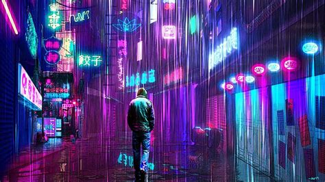 Online crop | HD wallpaper: artwork, neon, neon glow, cats, street, rain, science fiction ...