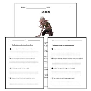 Goblins Folklore Reading comprehension & Worksheets. Mythical Creatures.