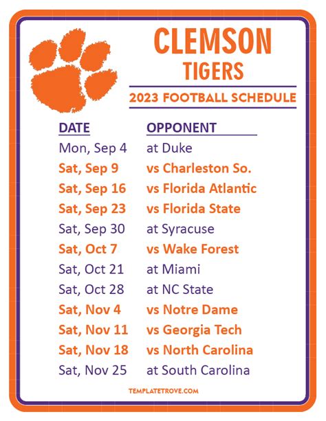 Printable 2023 Clemson Tigers Football Schedule