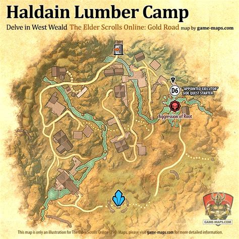 ESO Haldain Lumber Camp Delve Map with Skyshard and Boss location in West Weald (Gold Road)