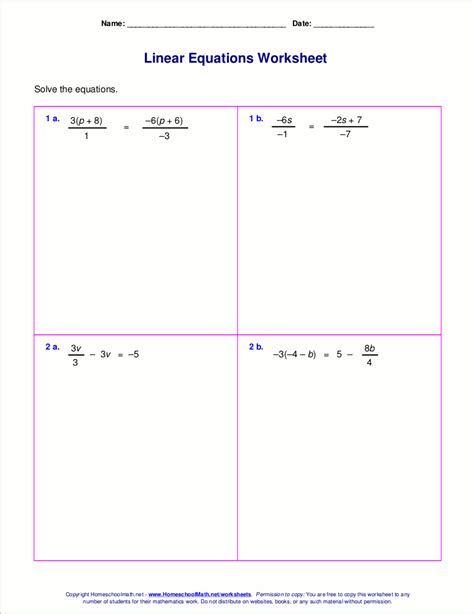 Free worksheets for linear equations (grades 6-9, pre-algebra, algebra 1)