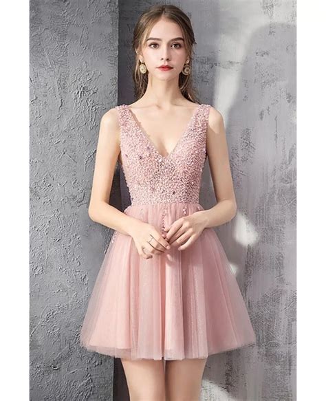 Rose Pink Tulle Short Prom Dress Vneck With Bling Sequins #DM69051 - GemGrace.com