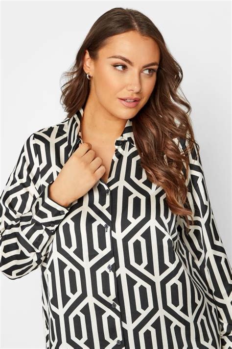 YOURS LONDON Plus Size Black & White Geometric Print Satin Shirt ...