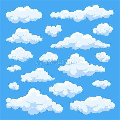 Fluffy White Cartoon Clouds in Blue Sky Vector Set. Cloudy Day Heaven ...