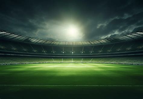 Photo of a soccer stadium at night with stadium light. The stadium was ...