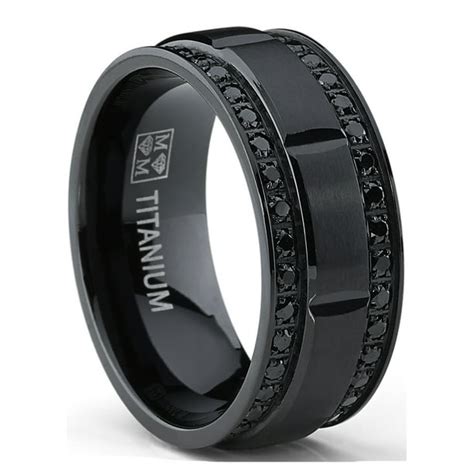 RingWright Co. - 9MM Men's Black Titanium Wedding Band Ring with Double Row Black Cubic Zirconia ...