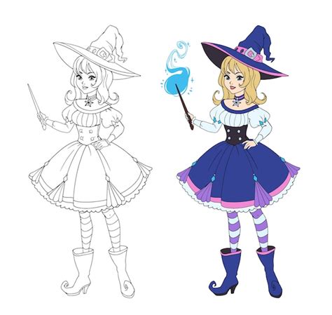 Premium Vector | Beautiful anime witch holding magic wand