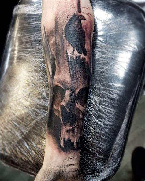 Skull and crow tattoo | Grey tattoo, Horror tattoo, Crow tattoo