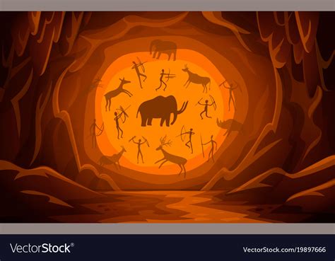 Cave with cave drawings cartoon mountain scene Vector Image