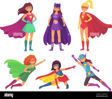 Superheroes women characters. Wonder female hero character in superhero costume with waving ...