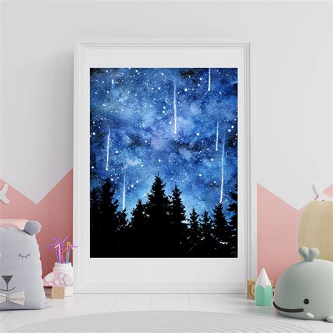 Blue Starry Night Sky| Watercolour art Print | Galaxy, forest ...