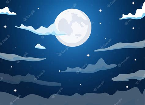 Premium Vector | Night cartoon sky with clouds, full moon, moonlight ...