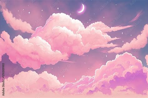 Anime Pink Sky with Clouds and Crescent Moon. Generative AI. Stock ...