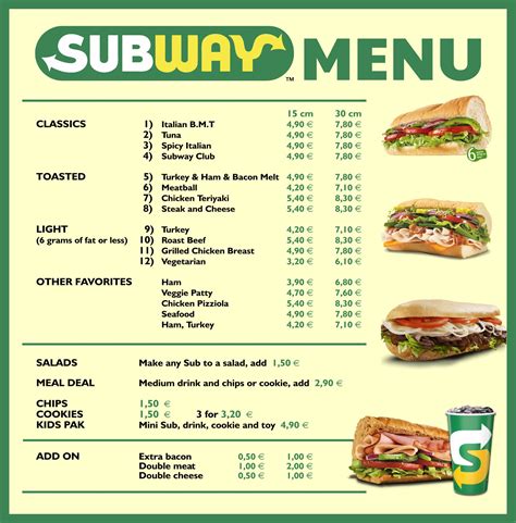 Printable Subway Menu