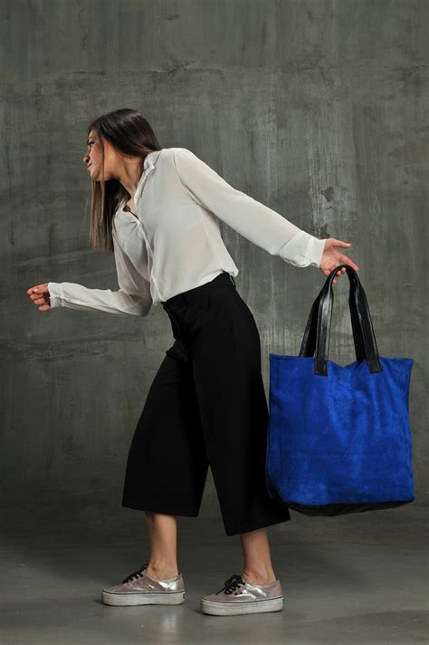 Blue Leather Tote Bag, Large Leather Shoulder Bag, Suede Shopping Bag, Suede Tote Bag, Cobalt ...