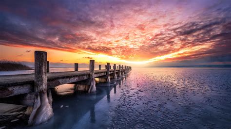 Wood Dock Between Lake Pier Beach During Sunset HD Nature Wallpapers ...