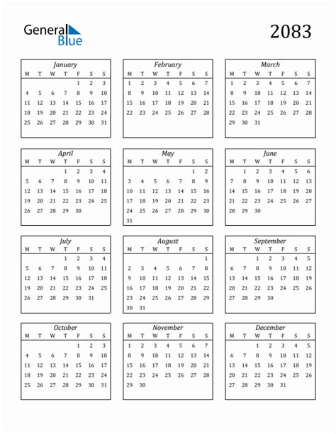 2083 Yearly Calendar Templates with Monday Start