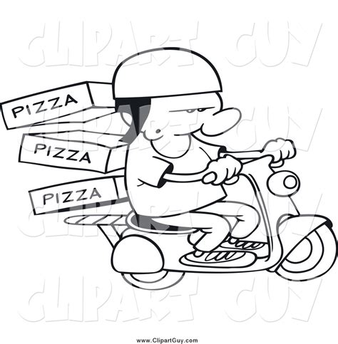 Clip Art of a Black and White Pizza Delivery Boy on a Scooter by gnurf - #1705