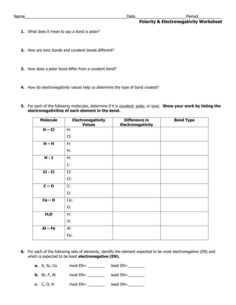 Worksheets Polarity Of Bonds