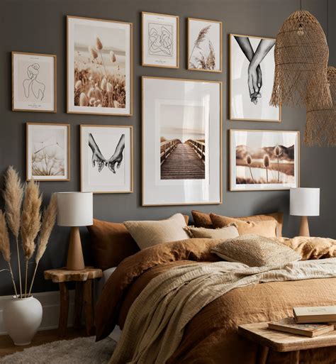 Beige serene nature photographs with black and white prints for bedroom