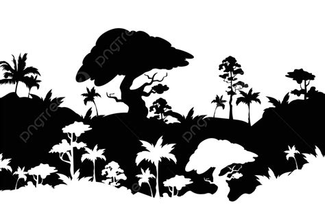 Monochrome Jungle Silhouette With Trees Palms And Hills Vector, Conservation, Nature, Drawing ...