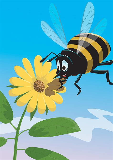 Happy cartoon bee with yellow flower Digital Art by Martin Davey - Fine Art America