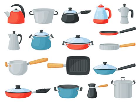 Cartoon frying pans, saucepan and cooking pots, metal cookware. Kitchen utensils, kettle, grill ...