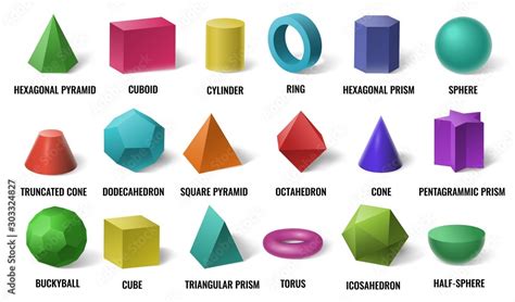 Realistic 3D color basic shapes. Solid colored geometric forms, cylinder and colorful cube shape ...