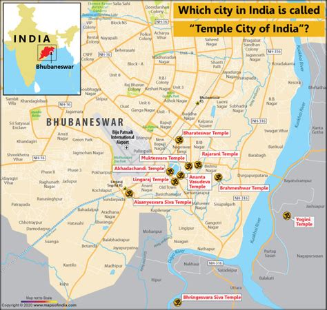 Map of Bhubaneswar Showing Location of Famous Temples in the City | Answers