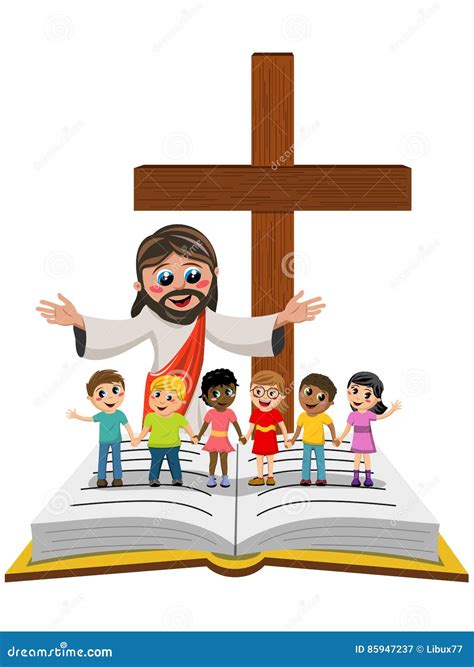 Cartoon Jesus Hand In Hand Kids Children Cartoon Vector | CartoonDealer.com #85947179