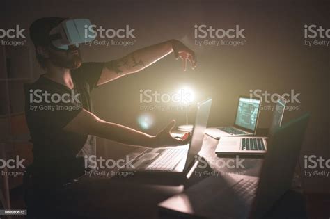 Hacker Using Virtual Reality Simulator Stock Photo - Download Image Now - Adult, Business ...