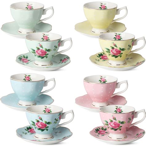 BTaT- Floral Tea Cups and Saucers, Set of 8 (8 oz) Multi-color with ...