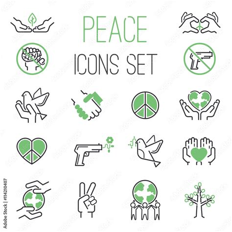 Peace icons outline mono vector symbols. World hope peace icons heart design dove set ...