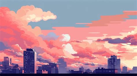 Premium AI Image | a painting of a cityscape with a pink sky and clouds.