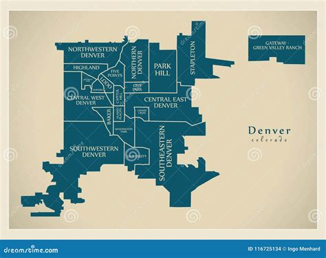 Modern City Map - Denver Colorado City of the USA with Neighborhoods and Titles Stock Vector ...