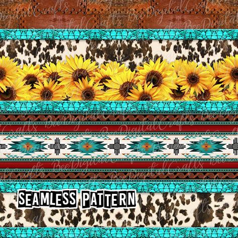 SEAMLESS Pattern Cowhide Sunflower Western Rustic Digital Fabric Design Aztec Turquoise Strips ...