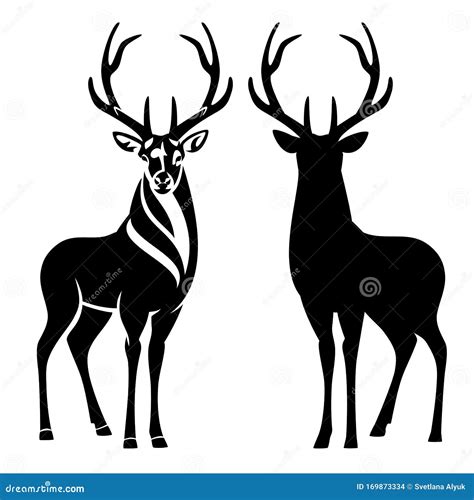 Standing Deer Buck With Big Antlers Black Vector Outline And Silhouette | CartoonDealer.com ...