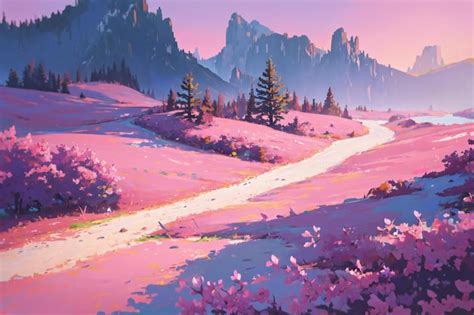 Premium AI Image | A pink landscape with a path leading to mountains.