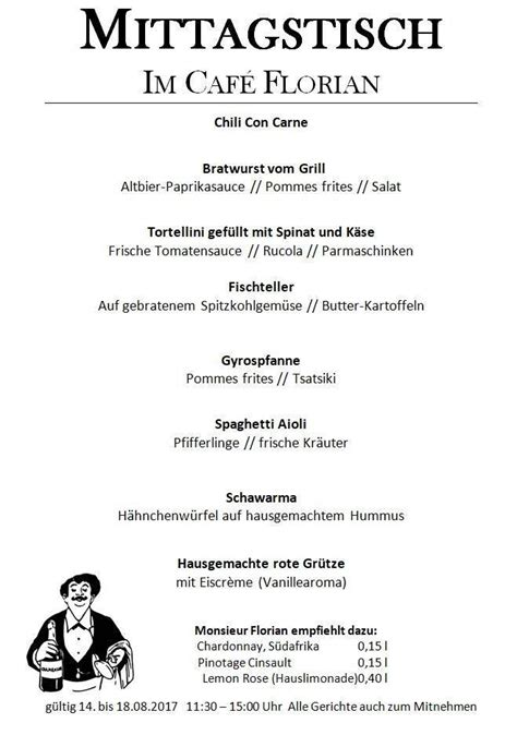 Menu at Café Florian cafe, Düsseldorf