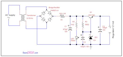 12 Volt Regulated power supply circuit using zener diode