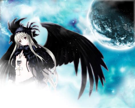 1920x1080 resolution | gray haired anime girl angel with black wings under the moon HD wallpaper ...